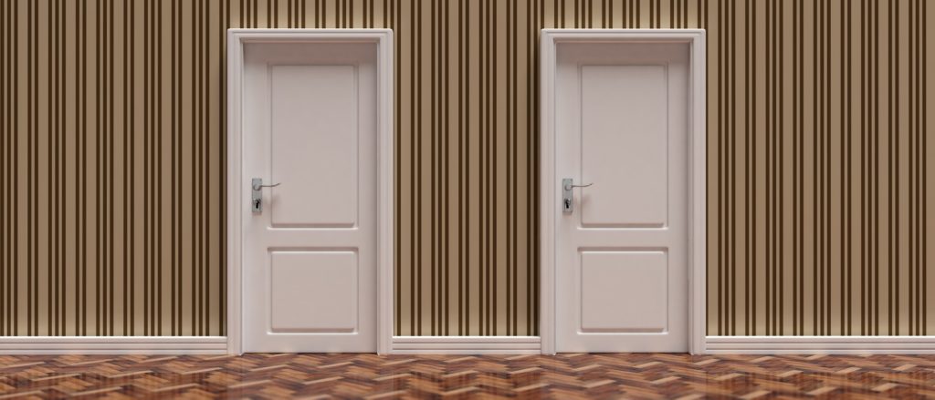 Two closed doors against vintage wallpaper and wooden floor background, banner. 3d illustration Two closed doors against vintage wallpaper and wooden floor background, banner. 3d illustration