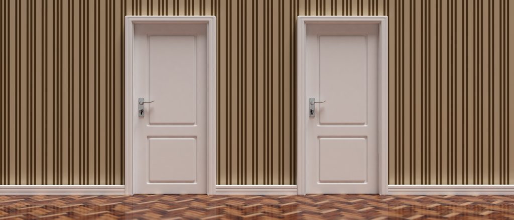 Two closed doors against vintage wallpaper and wooden floor background, banner. 3d illustration