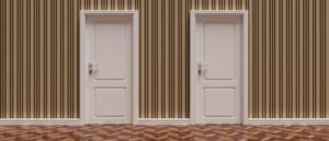 Two closed doors against vintage wallpaper and wooden floor background, banner. 3d illustration