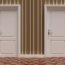 Two closed doors against vintage wallpaper and wooden floor background, banner. 3d illustration
