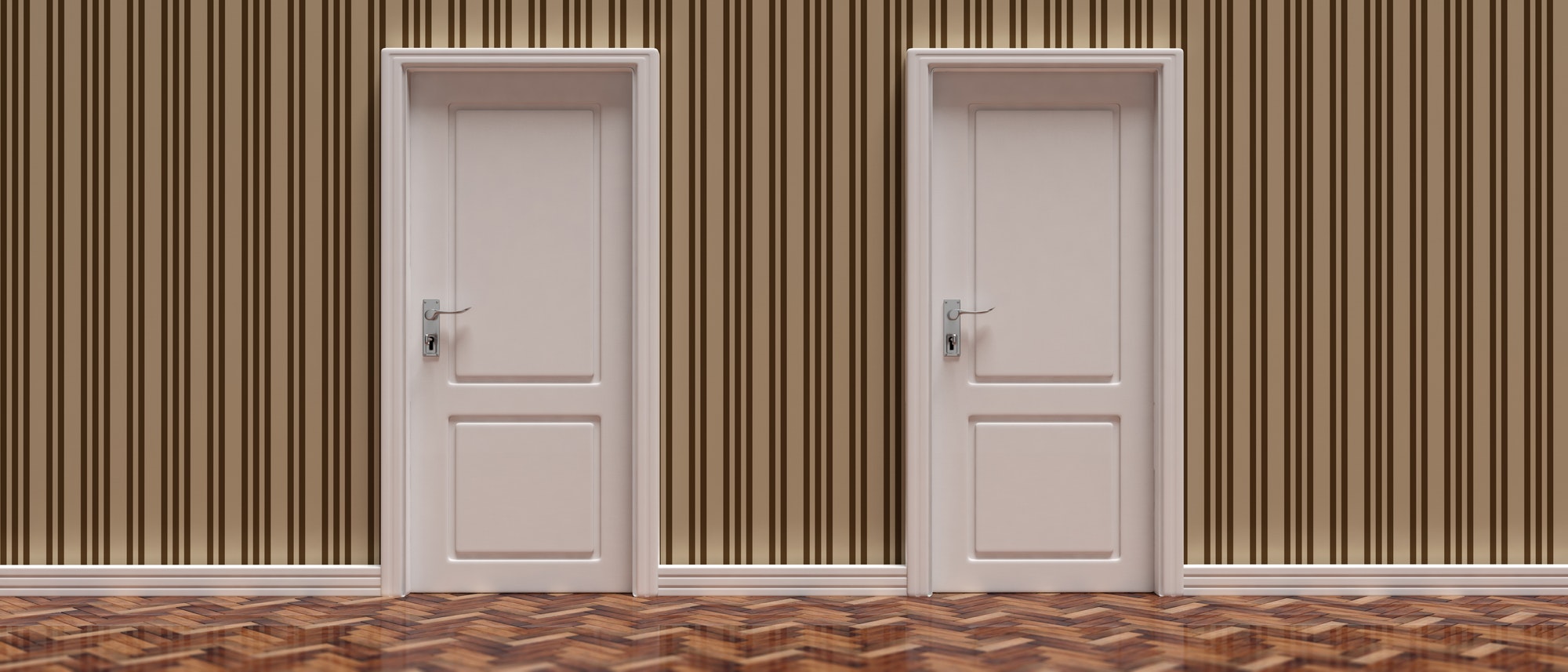 Two closed doors against vintage wallpaper and wooden floor background, banner. 3d illustration