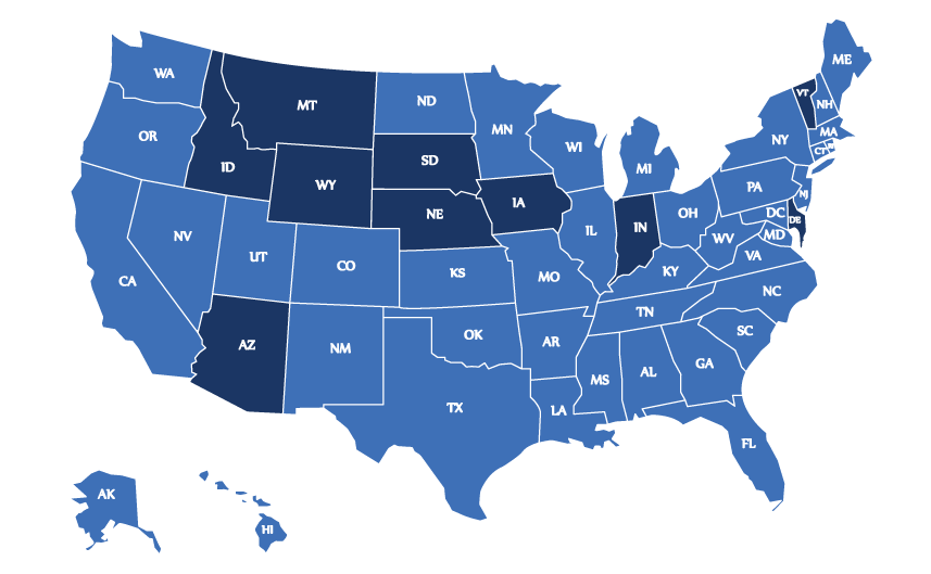 This map of the United States shows which states require charitable solicitations registration and which ones don’t.