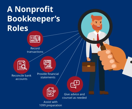 This graphic lists the responsibilities of a nonprofit bookkeeper.