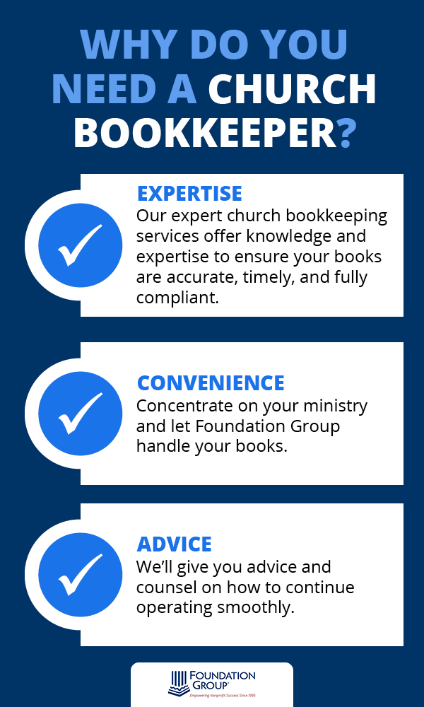 This image lists the reasons Foundation Group’s church bookkeepers are the best choice for outsourcing.