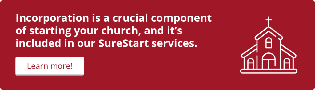 An illustration that leads to information about Foundation Group’s SureStart services, which include church incorporation.