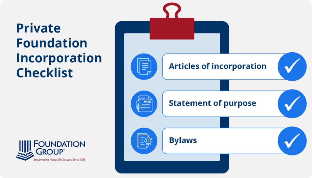 A checklist of items needed for private foundation incorporation, which is a crucial consideration for how to start a private foundation.