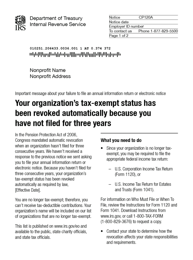 An example of the details Notice CP120A may include if your nonprofit’s 501(c)(3) status is revoked.